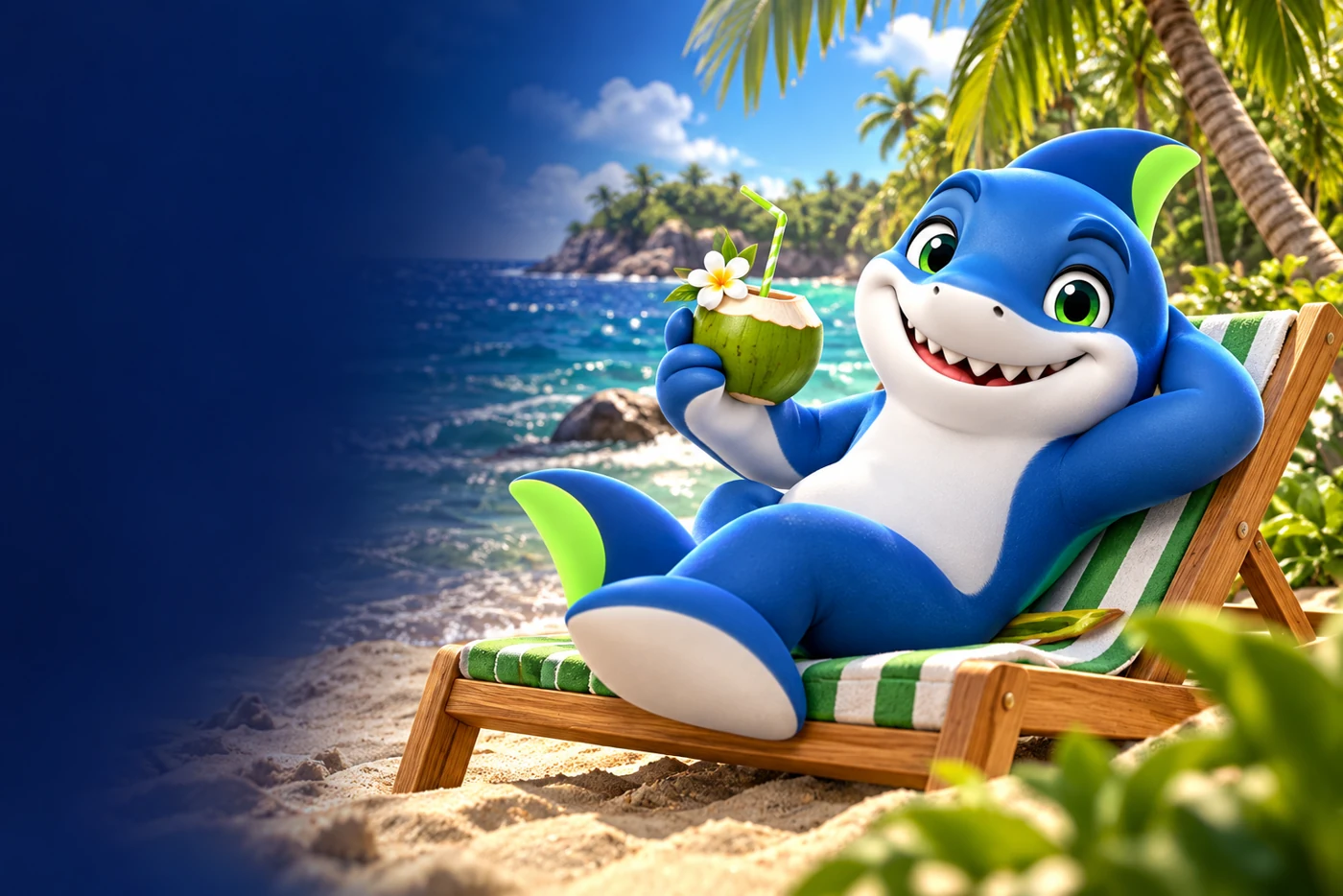 Mascote Shark relaxando na praia